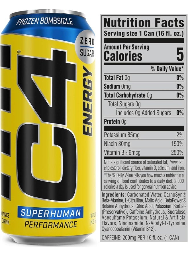 CELLUCOR C4 Pre Workout Energy Drink With Beta-Alanine, Zero Sugar, Carbonated Drink for Strength & Endurance, Frozen Bombsicle Flavor – 12 Pack - Image 3