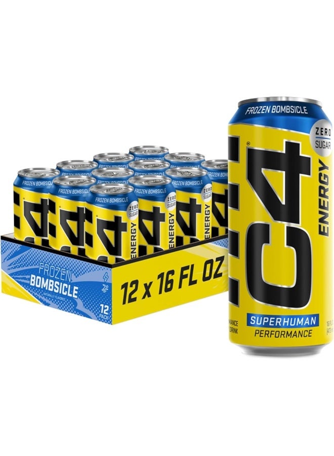 CELLUCOR C4 Pre Workout Energy Drink With Beta-Alanine, Zero Sugar, Carbonated Drink for Strength & Endurance, Frozen Bombsicle Flavor – 12 Pack - Image 1