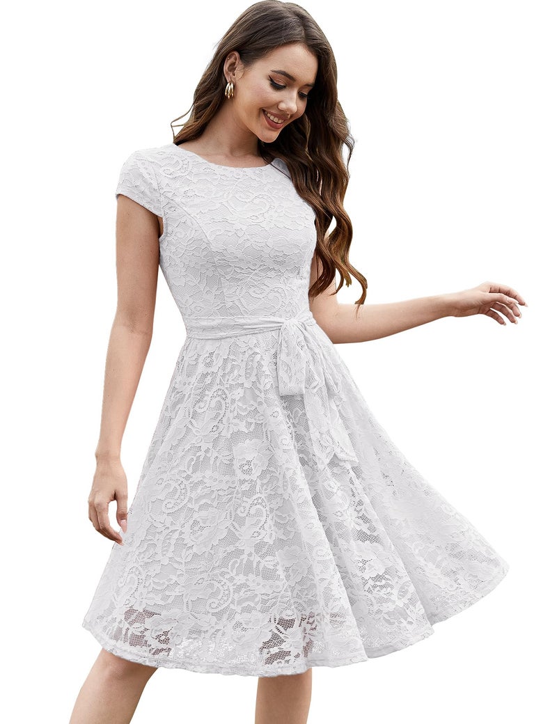 MUADRESS Women Cap-Sleeve Lace Floral Elegant Cocktail Dress Crew Neck Knee Length Bridesmaid Prom Dresses for Party White 2XL - Image 2