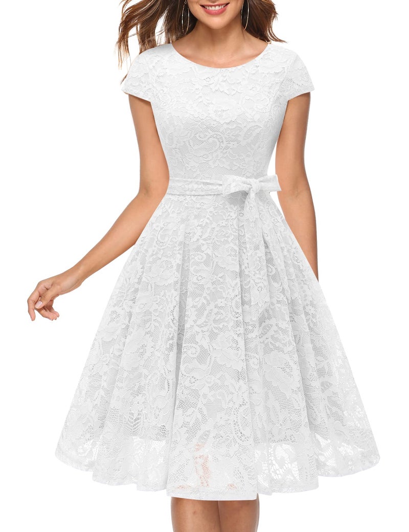 MUADRESS Women Cap-Sleeve Lace Floral Elegant Cocktail Dress Crew Neck Knee Length Bridesmaid Prom Dresses for Party White 2XL - Image 1