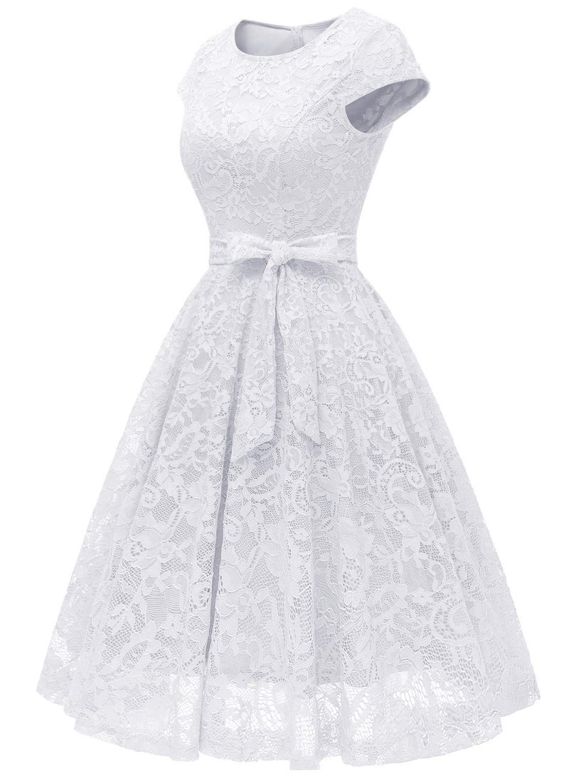 MUADRESS Women Cap-Sleeve Lace Floral Elegant Cocktail Dress Crew Neck Knee Length Bridesmaid Prom Dresses for Party White 2XL - Image 4