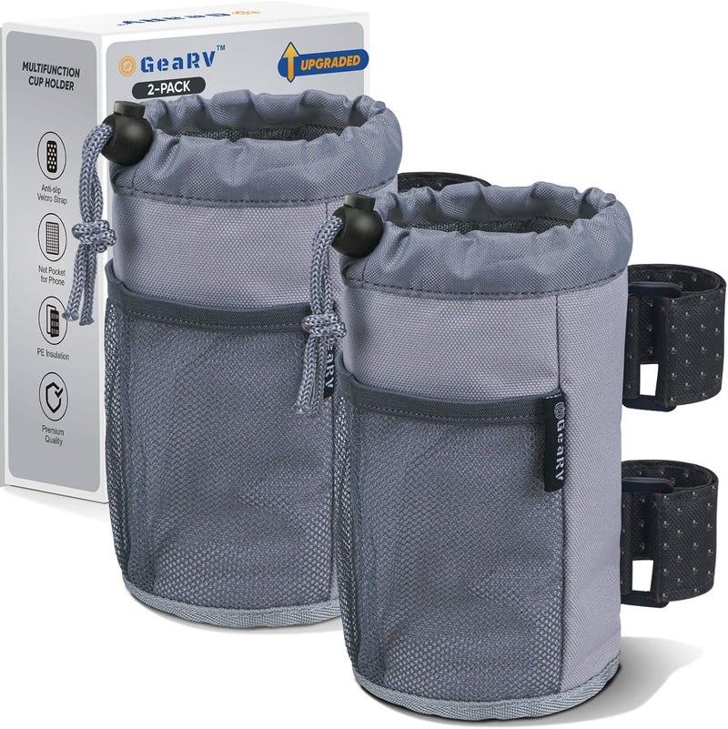 GEARV 2Pack Cup Holder for Bike, Scooter and Wheelchair, Water Bottle Holder for UTV/ATV, Walker, Golf Cart and Beach, Universal Drink Holder Accessories with Net Pocket and Cord Lock (Gray) - Image 1