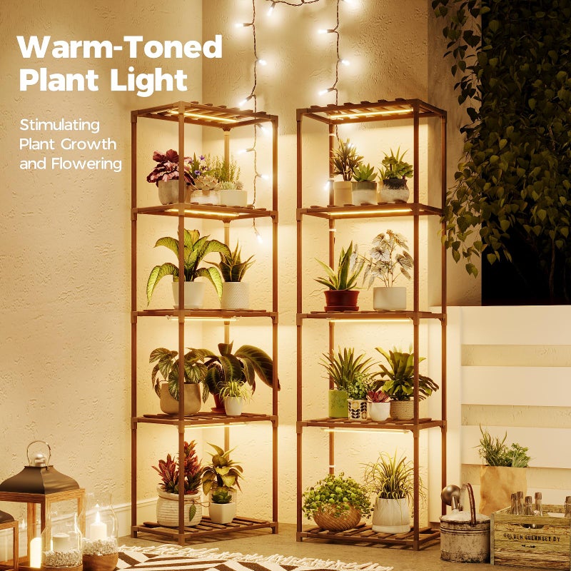 Bamworld Plant Stands with Grow Lights Sets of 2 Tall Plant Shelves for Mutiple Pots Large Plant Holder for Living Room Patio Boho Home Decor for Gardening Warm Light 2pcs - Image 2