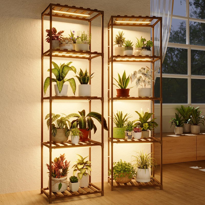 Bamworld Plant Stands with Grow Lights Sets of 2 Tall Plant Shelves for Mutiple Pots Large Plant Holder for Living Room Patio Boho Home Decor for Gardening Warm Light 2pcs - Image 1