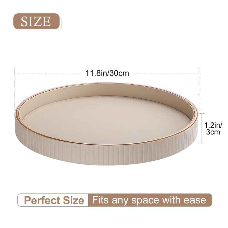 GORESE 12" Round Decorative Tray for Coffee Table, PU Leather Compact Serving Tray for Home Decor & Everyday Accents, Modern Nightstand Tray for Jewelry & Perfume, Beige - Image 2