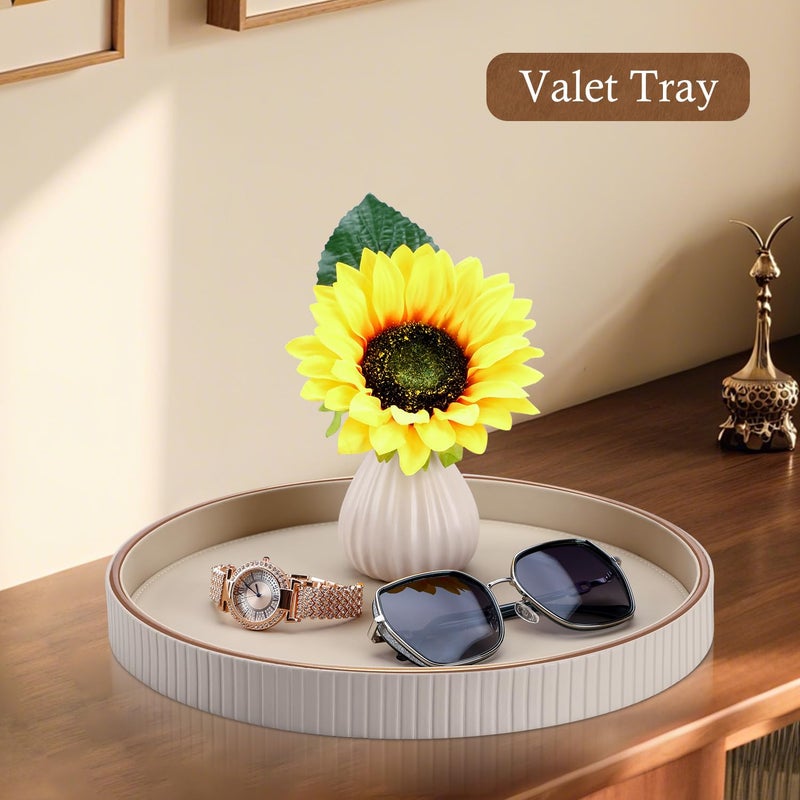 GORESE 12" Round Decorative Tray for Coffee Table, PU Leather Compact Serving Tray for Home Decor & Everyday Accents, Modern Nightstand Tray for Jewelry & Perfume, Beige - Image 3