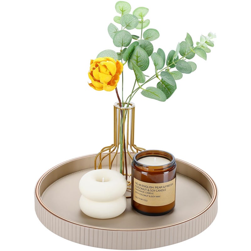 GORESE 12" Round Decorative Tray for Coffee Table, PU Leather Compact Serving Tray for Home Decor & Everyday Accents, Modern Nightstand Tray for Jewelry & Perfume, Beige - Image 1