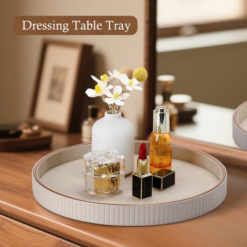 GORESE 12" Round Decorative Tray for Coffee Table, PU Leather Compact Serving Tray for Home Decor & Everyday Accents, Modern Nightstand Tray for Jewelry & Perfume, Beige - Image 5