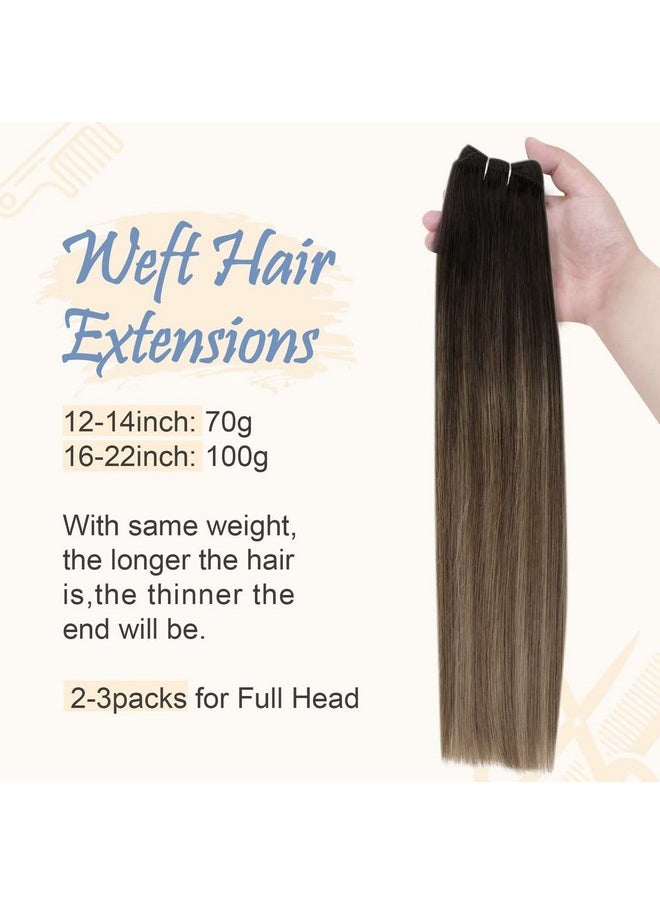 Easyouth - Weft Hair Extensions 20 Inch Sew In Human Hair Extensions Dark Brown Balayage To Chestnut Brown Highlights Ash Blonde Remy Bundles Weave Extensions 100 Grams Real Hair Wefts - Image 1