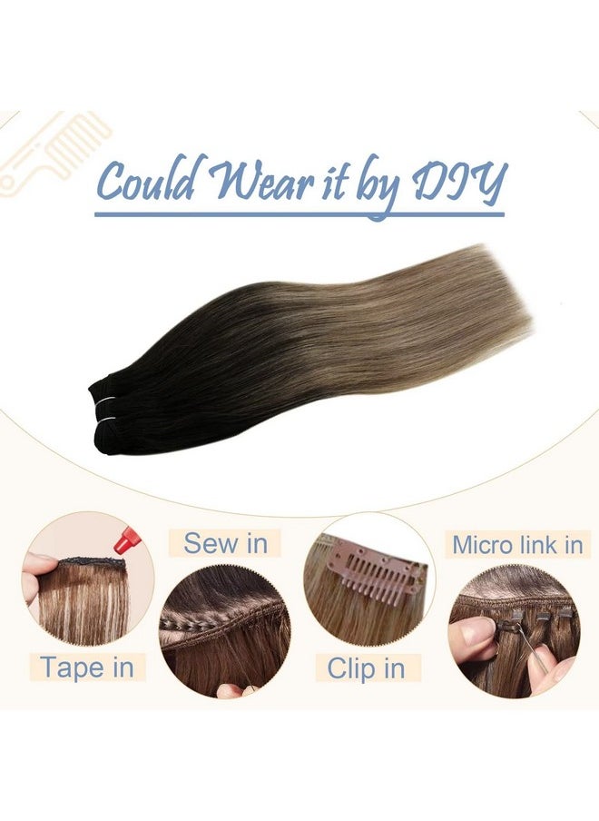 Easyouth - Weft Hair Extensions 20 Inch Sew In Human Hair Extensions Dark Brown Balayage To Chestnut Brown Highlights Ash Blonde Remy Bundles Weave Extensions 100 Grams Real Hair Wefts - Image 1