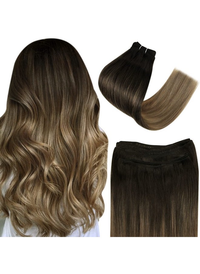 Easyouth - Weft Hair Extensions 20 Inch Sew In Human Hair Extensions Dark Brown Balayage To Chestnut Brown Highlights Ash Blonde Remy Bundles Weave Extensions 100 Grams Real Hair Wefts - Image 1