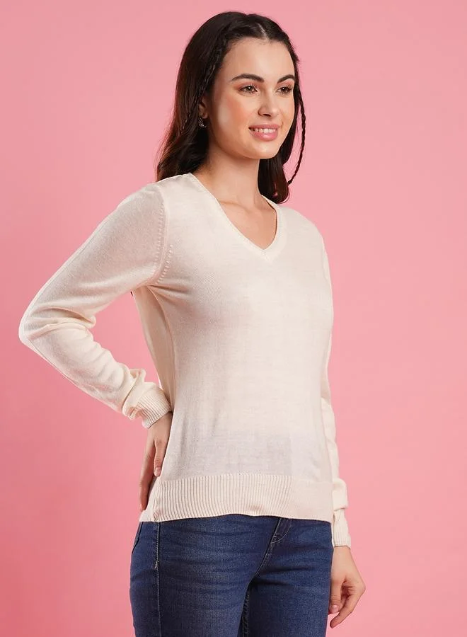 globus Women Off White Ribbed Hem Knitted Sweater