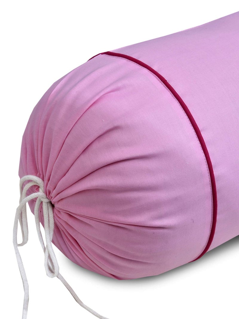 Clasiko Cotton Bolster Covers; Set of 2; 220 TC; Pink with Magenta Piping - Image 3