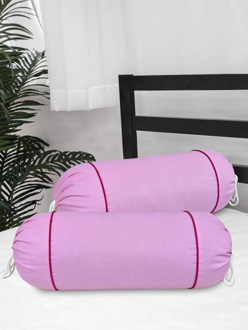 Clasiko Cotton Bolster Covers; Set of 2; 220 TC; Pink with Magenta Piping - Image 2
