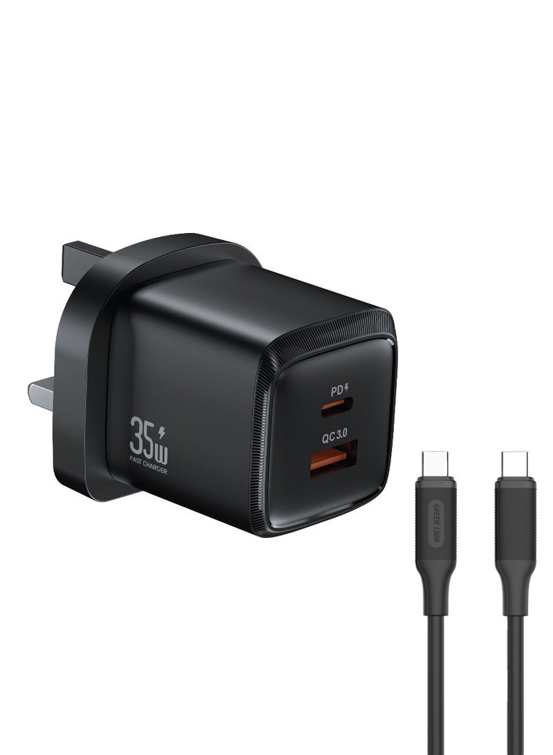 GREEN LION G-Charge Series Dual Port Wall Charger PD35W with 1m Type-C to Type-C Cable 1m/QC 18W/ PPS 35W Max Quick Charge Charger/ Type-C & USB-A Ports / Compact Travel Charger - Black - Image 1