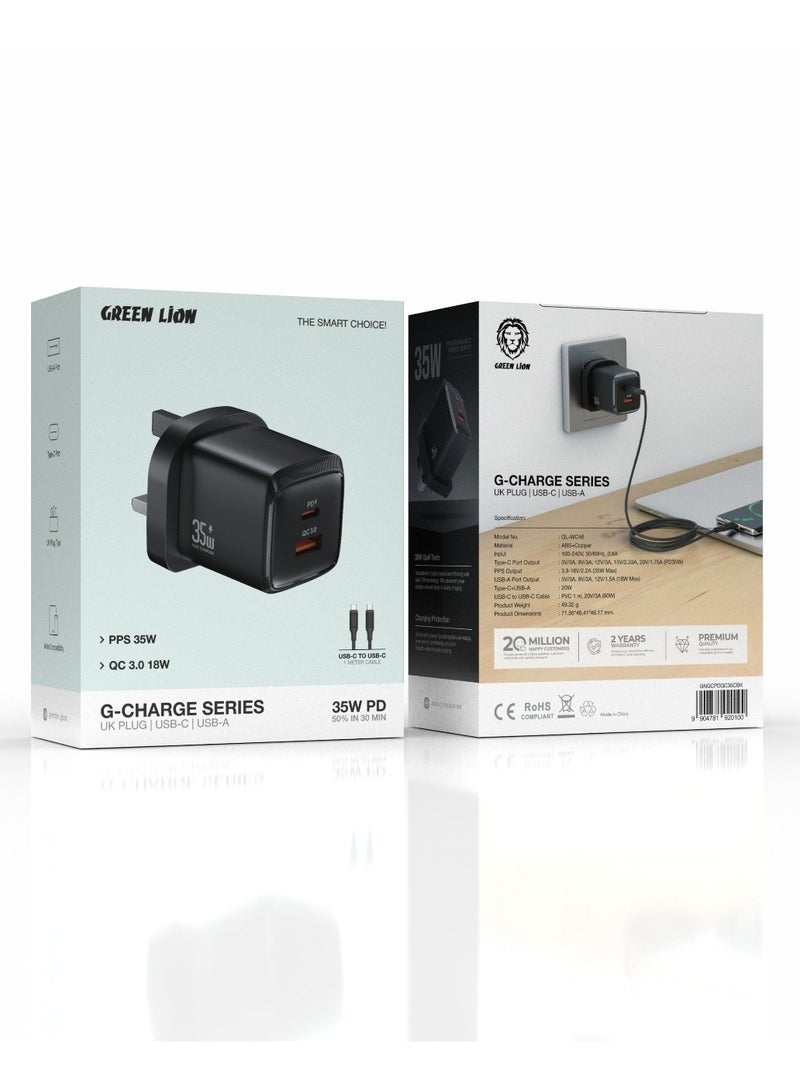 GREEN LION G-Charge Series Dual Port Wall Charger PD35W with 1m Type-C to Type-C Cable 1m/QC 18W/ PPS 35W Max Quick Charge Charger/ Type-C & USB-A Ports / Compact Travel Charger - Black - Image 2