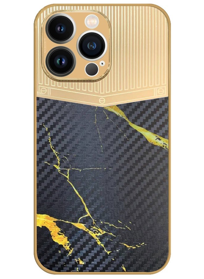 CATANES Luxury Gold Plated Case for iPhone 13 Pro - Hybrid Electroplated Frame Back Cover with Carbon Fiber Texture - Marble Pattern Black - Image 1