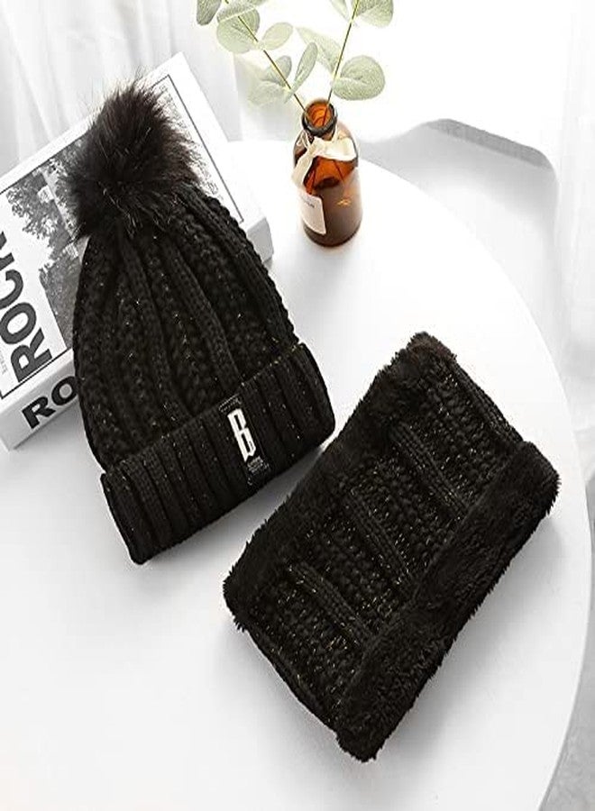 Malvina طقم قبعة شتوية صوفية ناعمة ودافئة ومقاومة للثلج من مالفينا للأطفال (أكبر من 12 سنة) (مزينة بكرة صوفية) ووشاح (مبطن بالفرو من الداخل) - عبوة من قطعة واحدة (أسود) - Image 3