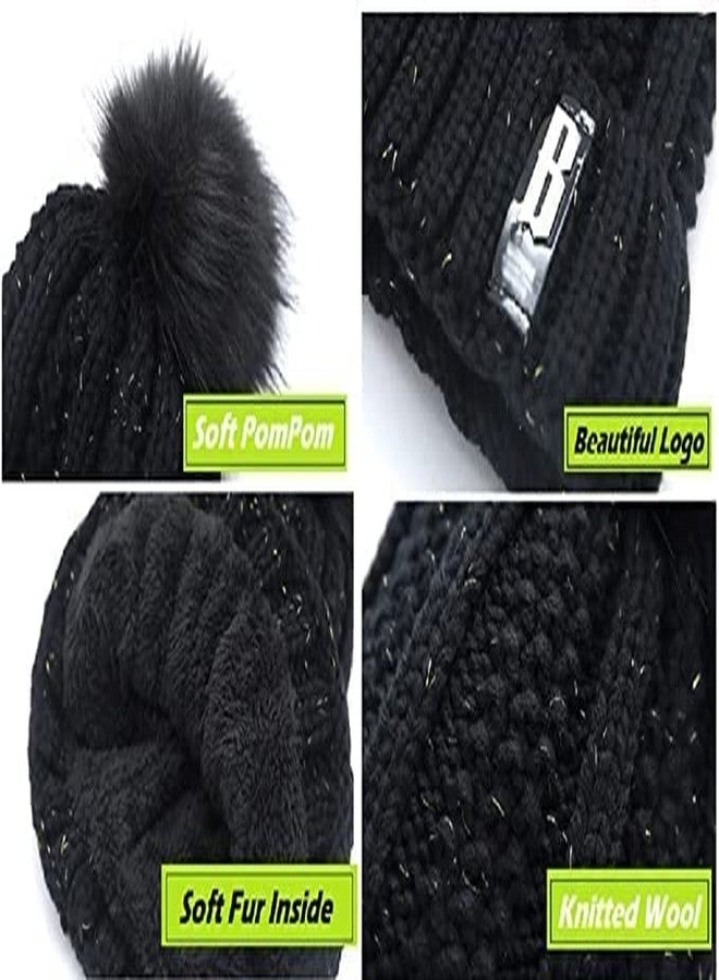 Malvina طقم قبعة شتوية صوفية ناعمة ودافئة ومقاومة للثلج من مالفينا للأطفال (أكبر من 12 سنة) (مزينة بكرة صوفية) ووشاح (مبطن بالفرو من الداخل) - عبوة من قطعة واحدة (أسود) - Image 2