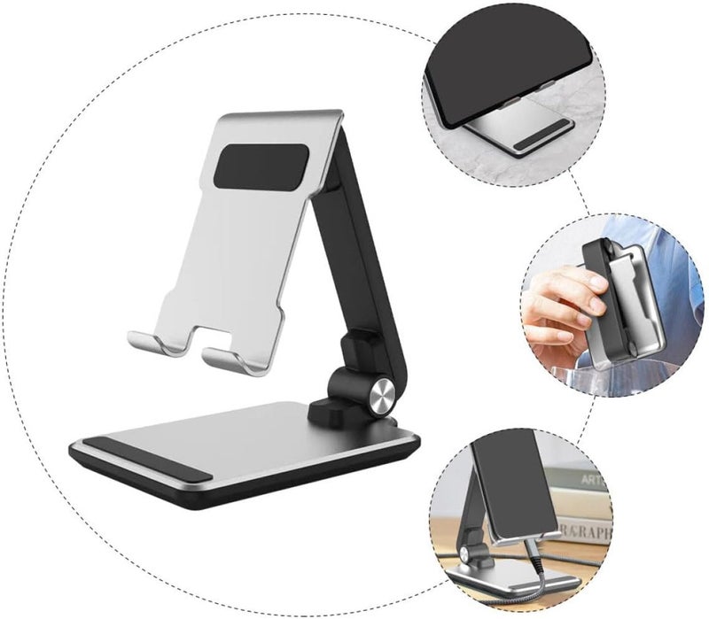 Foldable Aluminum Tablet Stand and Desktop Phone Holder for Live Streaming, Mini Adjustable Mobile Device Bracket Compatible with Smartphones and Tablets, Silver - Image 3