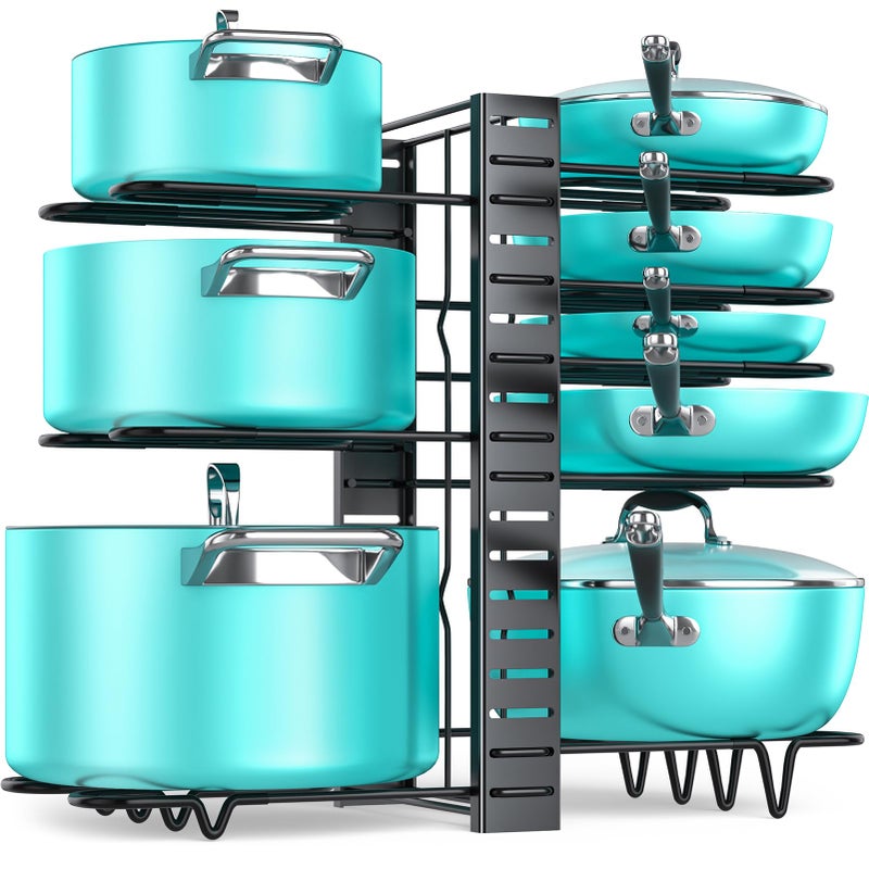 MUDEELA Pots and Pans Organizer Rack under Cabinet with 3 DIY Methods Adjustable Pot Pan Rack with 8 Tiers for Kitchen Cabinet Organizers and Storage