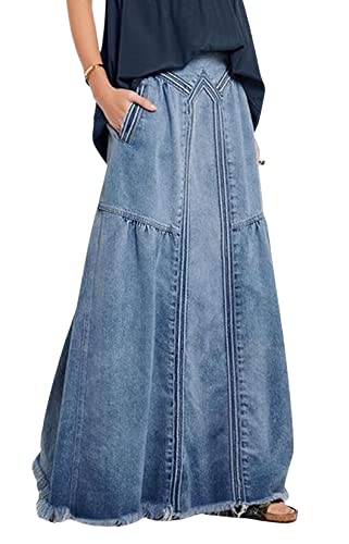 CHARTOU Women's Retro Elastic High Waist Frayed A-Line Maxi Denim Skirt with Pockets (Large, Light Blue) - Image 5