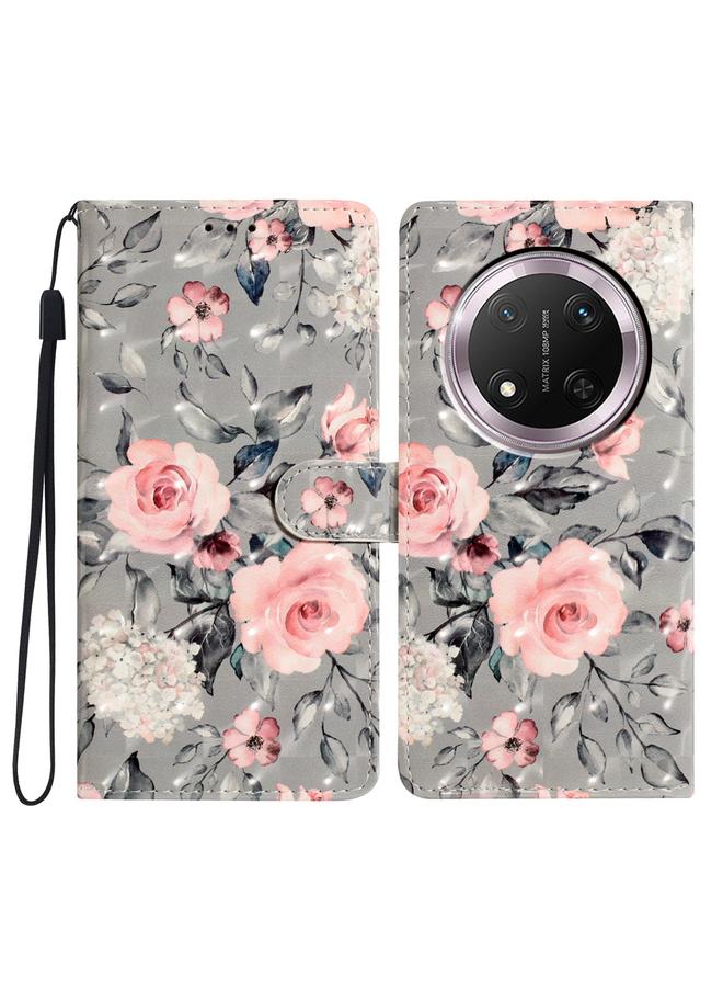 حافظة جلدية بنمط ثلاثي الأبعاد لهاتف Honor X9c 5G (قاعدة باللون الرمادي مع زهرة)