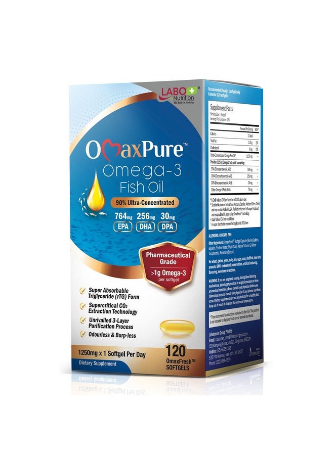 LABO Nutrition - Omaxpure Omega 3 Fish Oil 1125Mg Omega3 120 Count Pharmaceutical Grade High Potency Better Absorbed Supercritical Co2 Extracted Rtg Form For Heart Joint Brain & Immune Health - Image 1