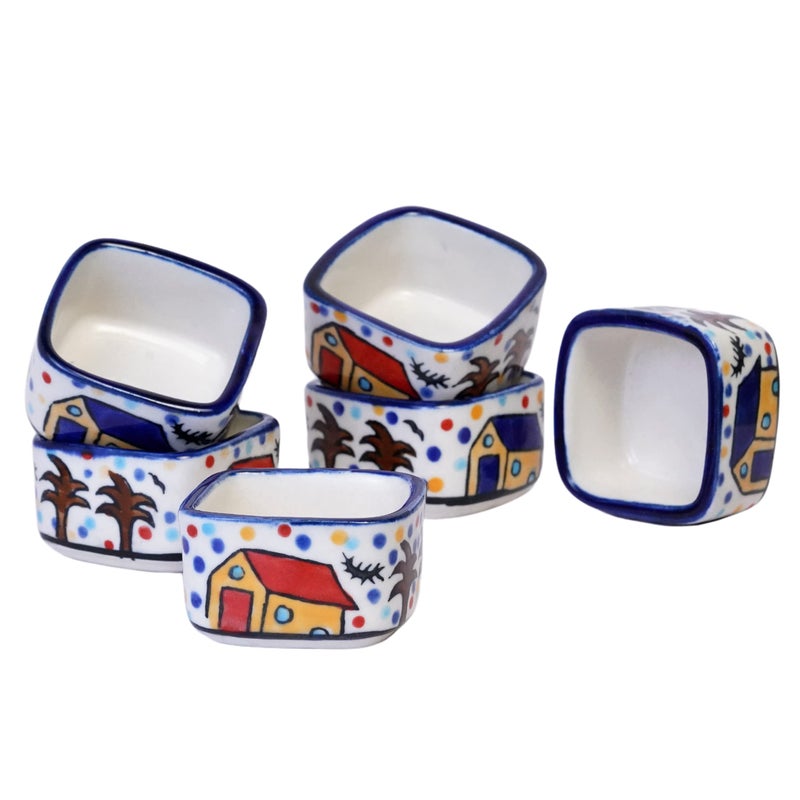 Freakway Handpainted 6 Dips of Hut Ceramic Dip Bowl/Chutney Bowl/Pickle Bowl/Sauce Serving Bowl Set (50 ML, Small, 6-Pieces, Multicolour, Cartoon Shape Square) - Image 3