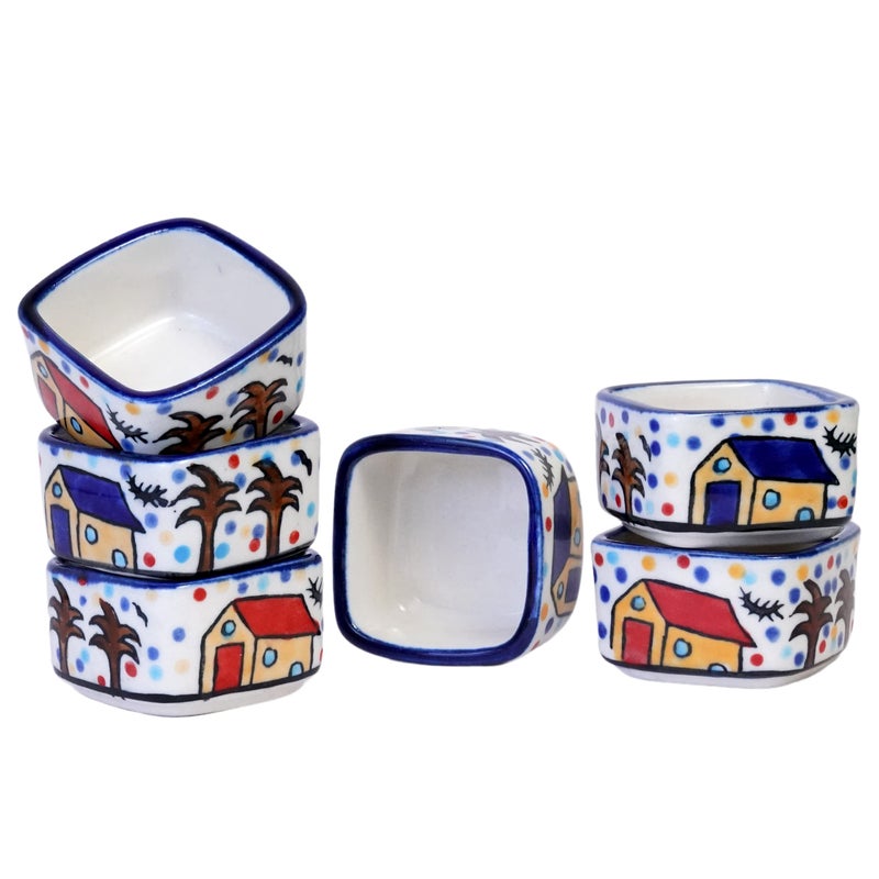 Freakway Handpainted 6 Dips of Hut Ceramic Dip Bowl/Chutney Bowl/Pickle Bowl/Sauce Serving Bowl Set (50 ML, Small, 6-Pieces, Multicolour, Cartoon Shape Square) - Image 2