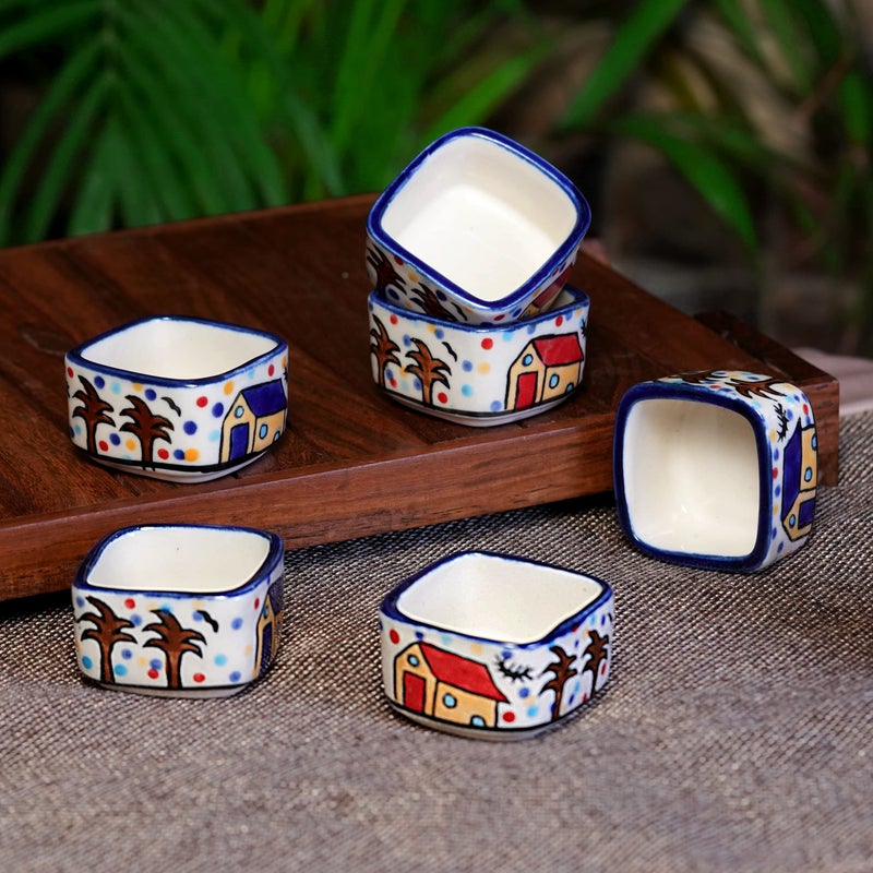 Freakway Handpainted 6 Dips of Hut Ceramic Dip Bowl/Chutney Bowl/Pickle Bowl/Sauce Serving Bowl Set (50 ML, Small, 6-Pieces, Multicolour, Cartoon Shape Square) - Image 1