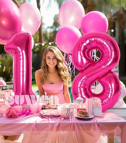 SUWEN 40 Inch Hot Pink Large 18 Number Balloons Big Foil Helium Number Balloons 09 Jumbo Happy 18th Mylar Birthday Party Decorations for Girl or Women 81 Anniversary Party Supplies - Image 5