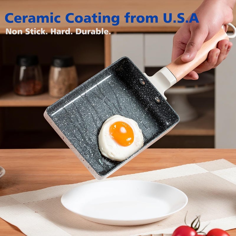 LISOS Ceramic Coating Square Japanese Tamagoyaki Omelette Small Skillet, Non-stick Rectangle Egg Roll Pan with Wood Handle - Image 4