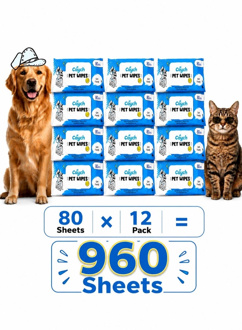 CAYCH Pet Wipes 80 x 12 - 960 Sheets for Dogs and Cats Antibacterial Hypoallergenic Grooming Wipes Deodorizing Eco Friendly Cleaning Wipes for Paws Body Eyes Ears and Daily Use - Image 1