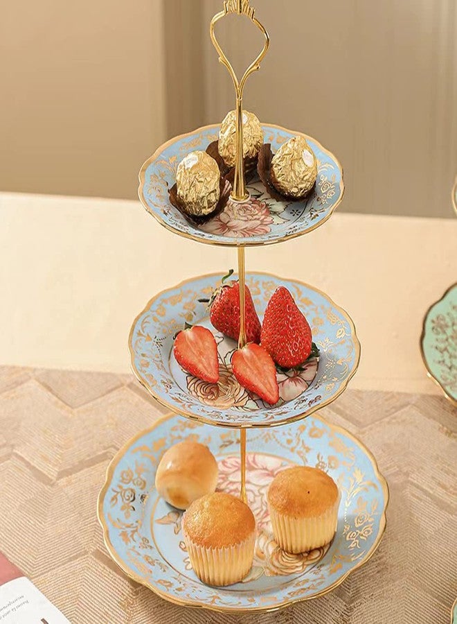 CHANJOON 3 Tier Ceramic Vintage Cake Stand with Beautiful Classic Rose Pattern, Food Rack for Displaying Cake Platter (Blue) - Image 2