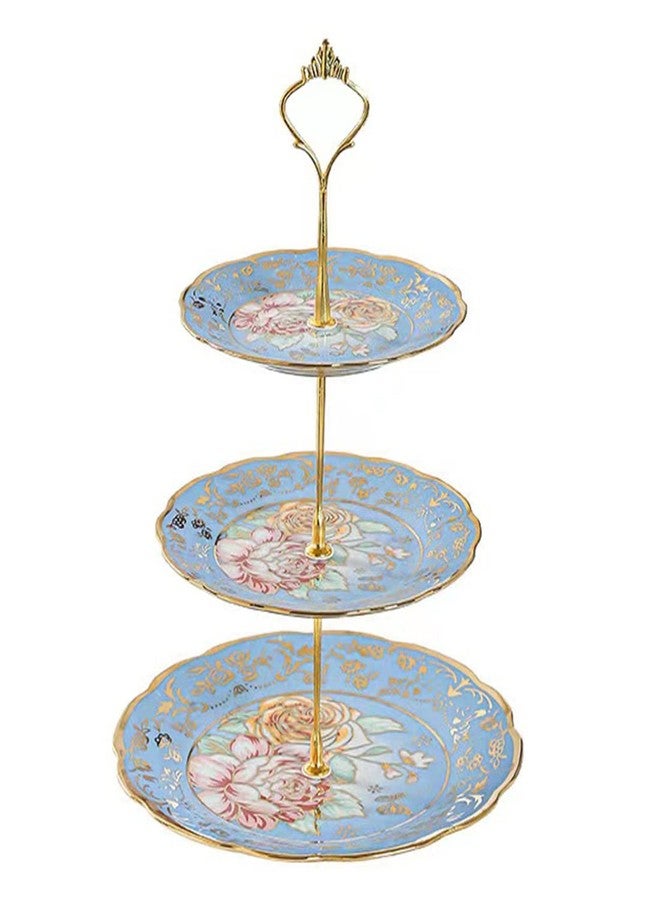 CHANJOON 3 Tier Ceramic Vintage Cake Stand with Beautiful Classic Rose Pattern, Food Rack for Displaying Cake Platter (Blue) - Image 1