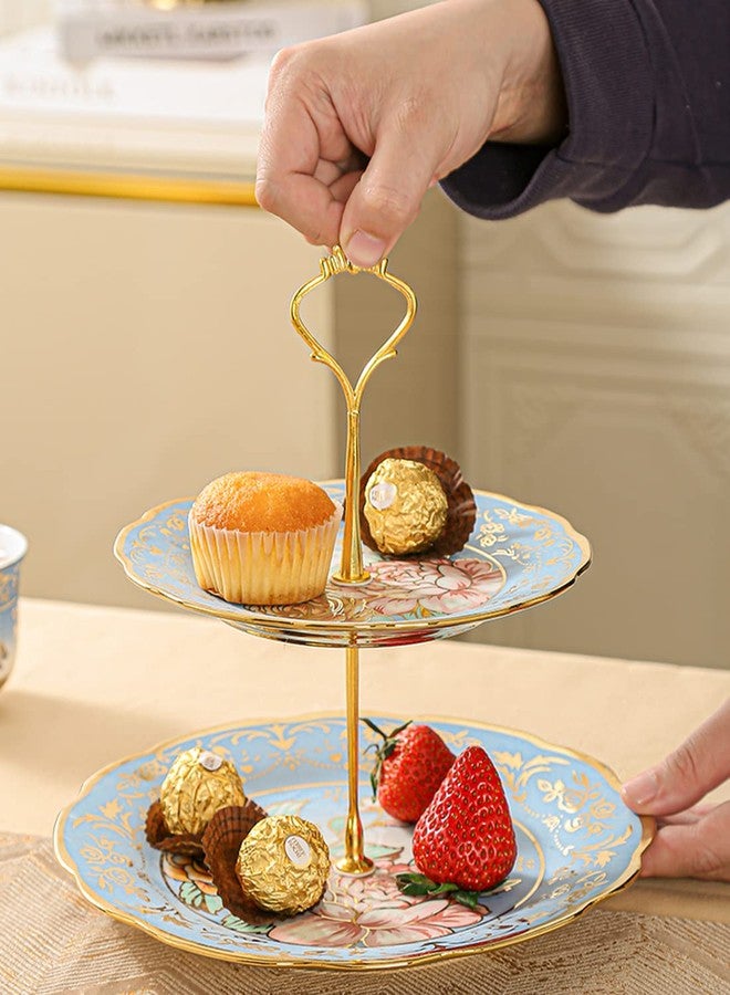 CHANJOON 3 Tier Ceramic Vintage Cake Stand with Beautiful Classic Rose Pattern, Food Rack for Displaying Cake Platter (Blue) - Image 5