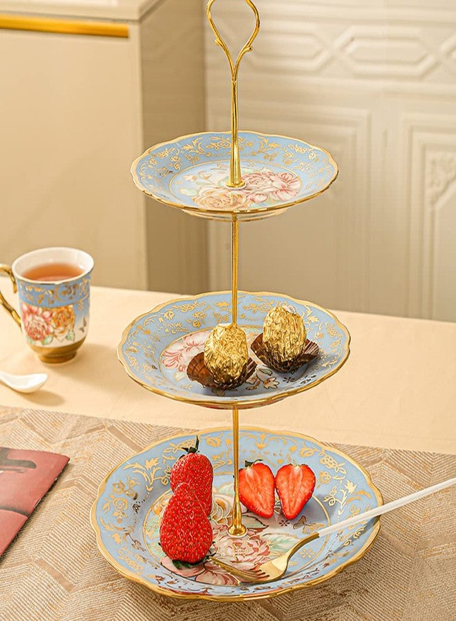CHANJOON 3 Tier Ceramic Vintage Cake Stand with Beautiful Classic Rose Pattern, Food Rack for Displaying Cake Platter (Blue) - Image 3