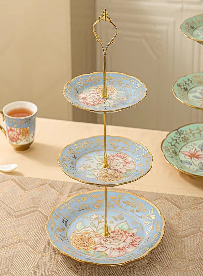 CHANJOON 3 Tier Ceramic Vintage Cake Stand with Beautiful Classic Rose Pattern, Food Rack for Displaying Cake Platter (Blue) - Image 4