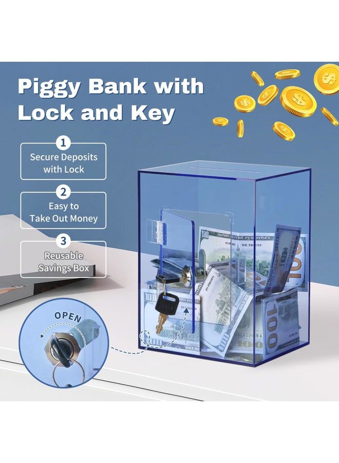Imeepa Clear Piggy Bank with Lock and Key, Large Acrylic Piggy Banks for Kids Adults, Clear Openable Money Saving Box for Cash Coins, Reusable Saving Box for Real Money (Blue) - Image 3