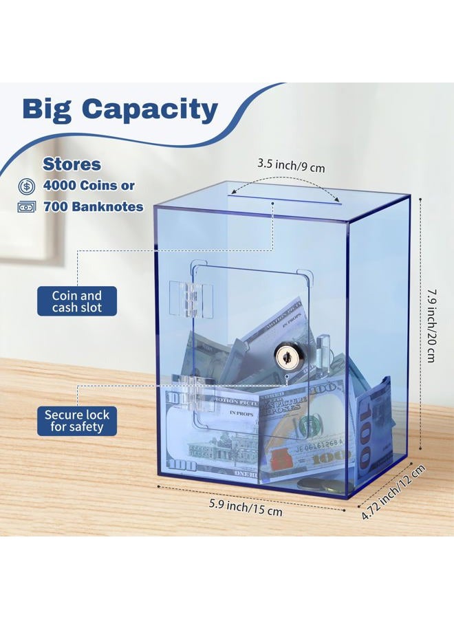 Imeepa Clear Piggy Bank with Lock and Key, Large Acrylic Piggy Banks for Kids Adults, Clear Openable Money Saving Box for Cash Coins, Reusable Saving Box for Real Money (Blue) - Image 2