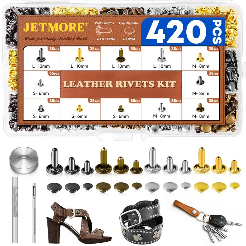 420 Sets Leather Rivets Rivets for Leather Crafting 4 Colors and 3 Sizes Leather Rivet Kit with 3pcs Leather Tools Rivets for Fabric Remaches para Cuero Double Cap Brass Rivets for Decoration
