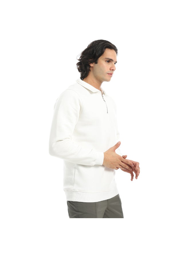 Andora White Turned Down Collar With Zipper Closure Basic Sweatshirt_White - Image 4