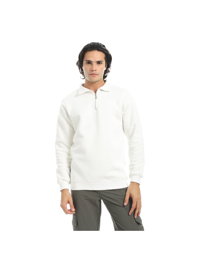 Andora White Turned Down Collar With Zipper Closure Basic Sweatshirt_White - Image 1