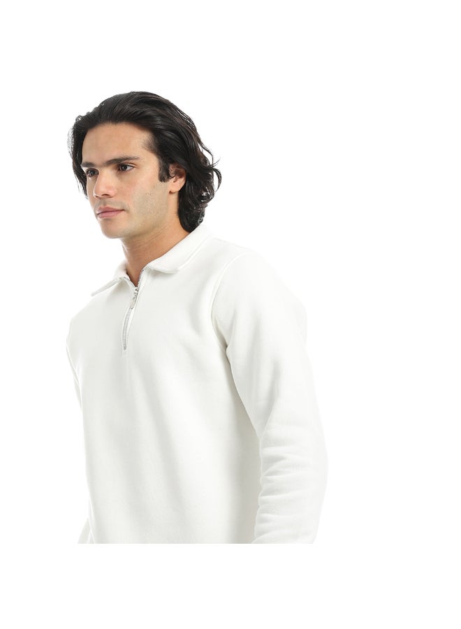 Andora White Turned Down Collar With Zipper Closure Basic Sweatshirt_White - Image 3