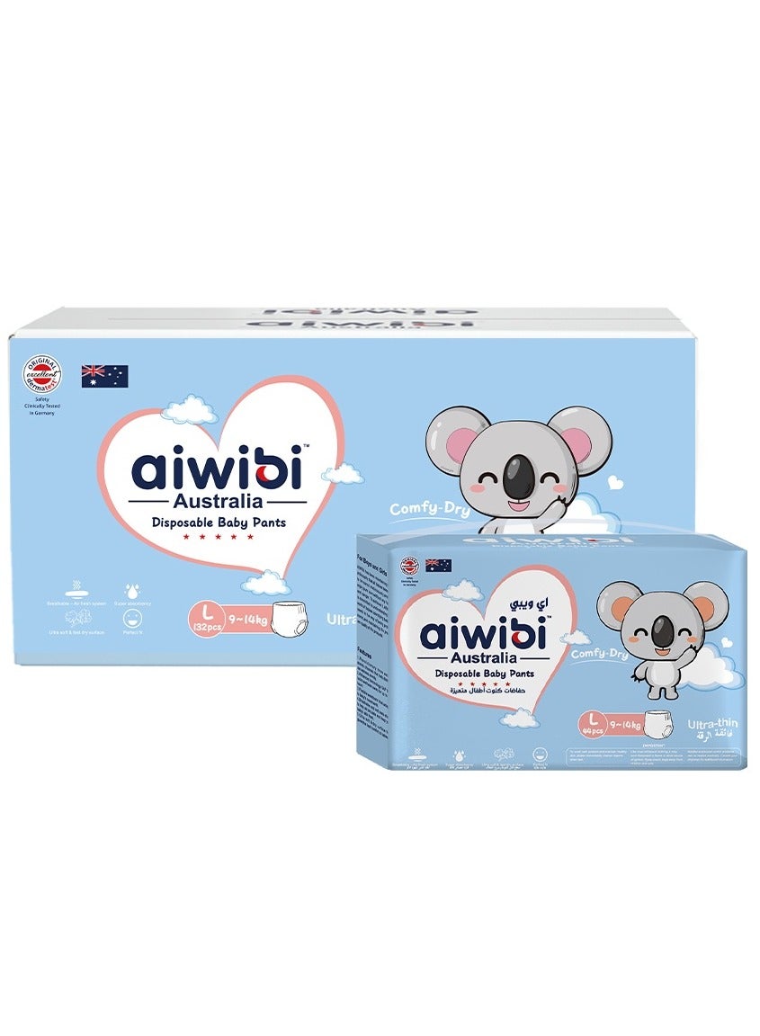 aiwibi Comfy Dry Baby Diaper Pants Size 4 Large 9-14kg, Soft Pull Up Nappies with Leak Protection- (44 Pcs x 3 Packs)