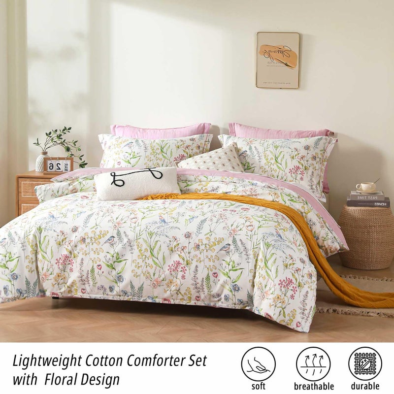 ALEISSEL White Floral Cotton Comforter Queen Size - 3PC Lightweight Bedding Sets with Soft Fill, Vibrant Garden Botanical Patterns, Petal Pink Reversible Design with Feminine Elegance - Image 2