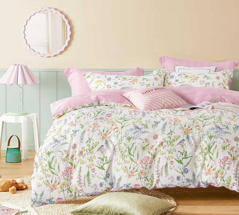 ALEISSEL White Floral Cotton Comforter Queen Size - 3PC Lightweight Bedding Sets with Soft Fill, Vibrant Garden Botanical Patterns, Petal Pink Reversible Design with Feminine Elegance - Image 1