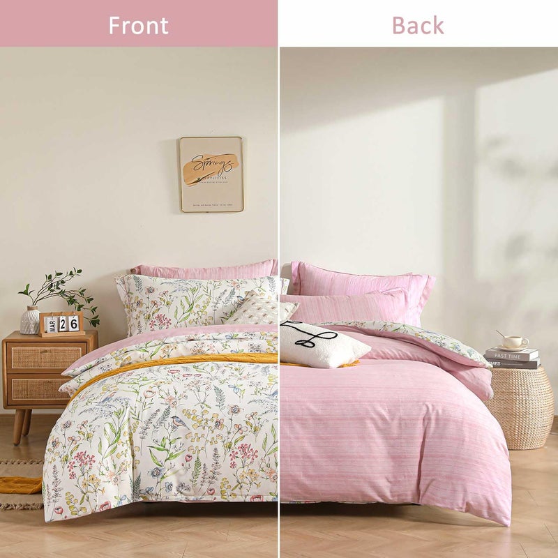 ALEISSEL White Floral Cotton Comforter Queen Size - 3PC Lightweight Bedding Sets with Soft Fill, Vibrant Garden Botanical Patterns, Petal Pink Reversible Design with Feminine Elegance - Image 3