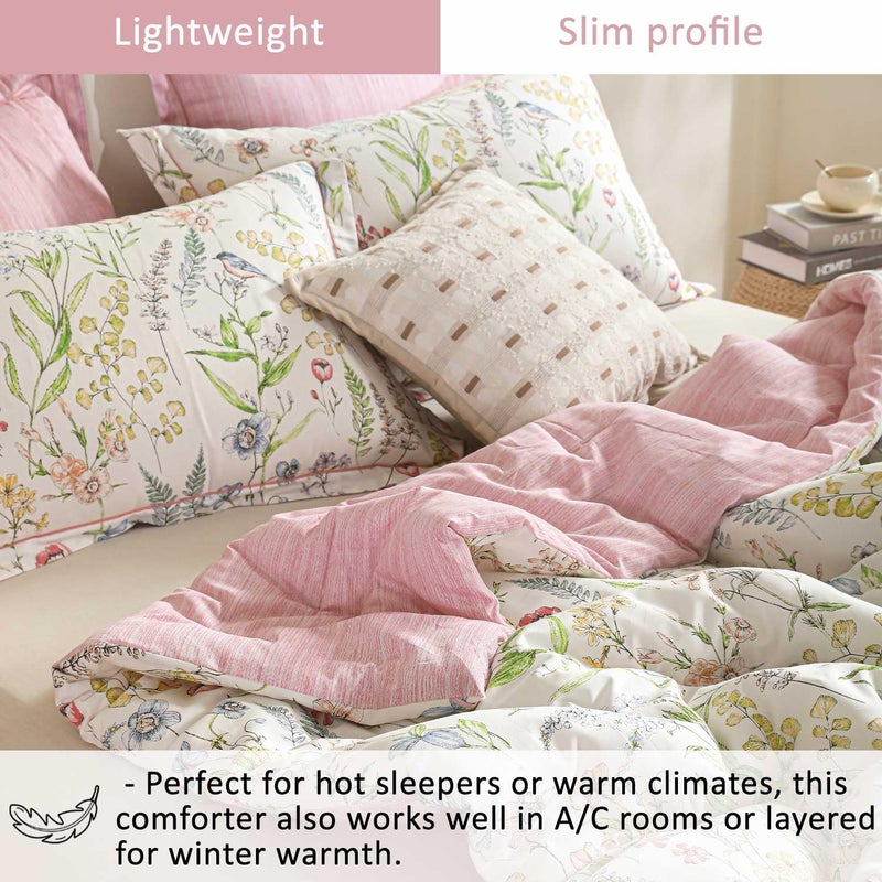 ALEISSEL White Floral Cotton Comforter Queen Size - 3PC Lightweight Bedding Sets with Soft Fill, Vibrant Garden Botanical Patterns, Petal Pink Reversible Design with Feminine Elegance - Image 4